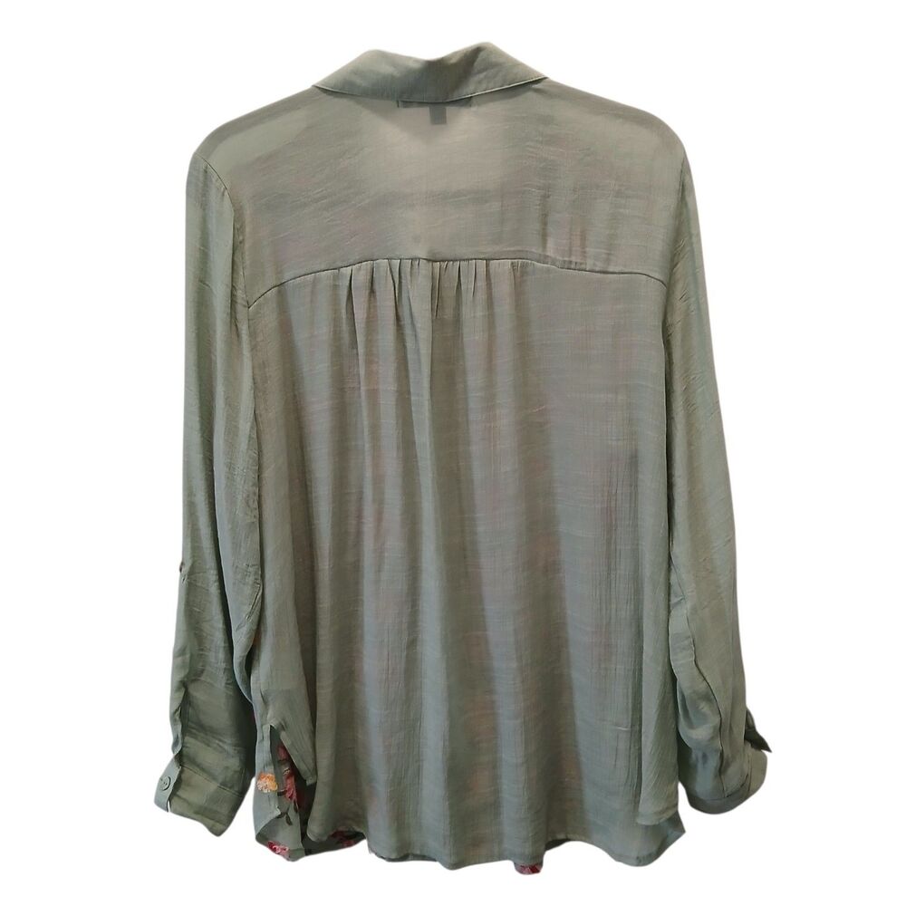 Figueroa & Flower Tunic Blouse Shirt Large Green Floral Embroidered Button Boho - Picture 6 of 14